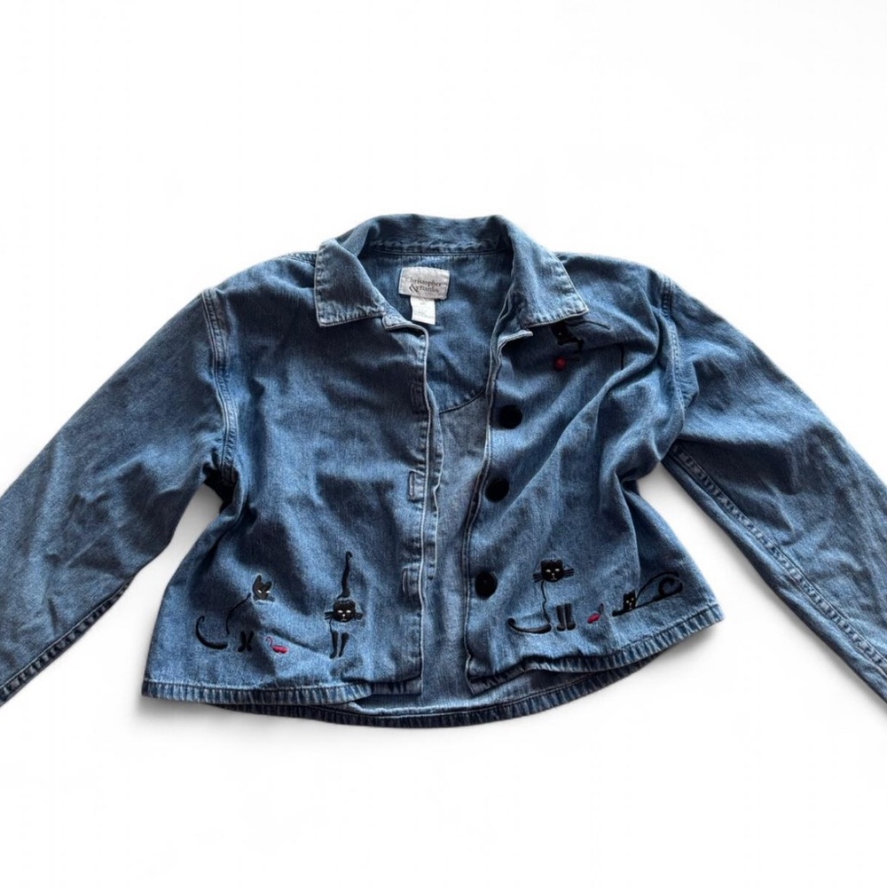Christopher & Banks Blue Jean Jacket with Cat Design
